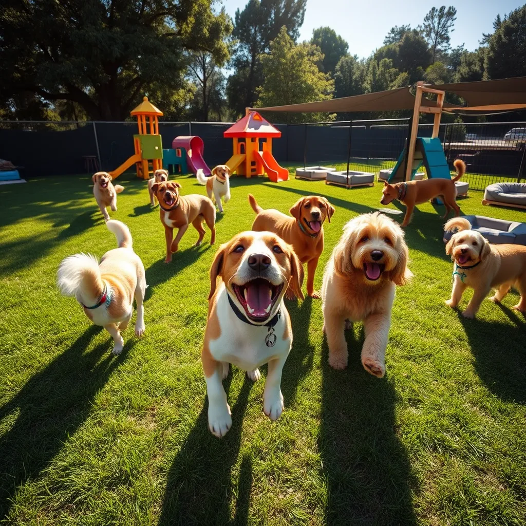 An expansive outdoor dog boarding facility with lush green grass and colorful play structures. A playful group of dogs of various breeds, including a joyful beagle and a lively golden doodle, are frolicking and socializing. The sun is shining brightly, casting happy shadows, and the atmosphere is filled with laughter and barks. Fenced play areas are visible in the background, along with shaded resting spots with cozy dog beds. The scene captures the essence of a fun, enriching experience for the dogs. The angle is a wide shot, highlighting both the vibrant, playful energy of the dogs and the safe, well-maintained environment. The image should be captured in 8K resolution, ensuring every detail from the dogs' fur to the textures of the grass is vividly presented in a realistic, inviting manner.