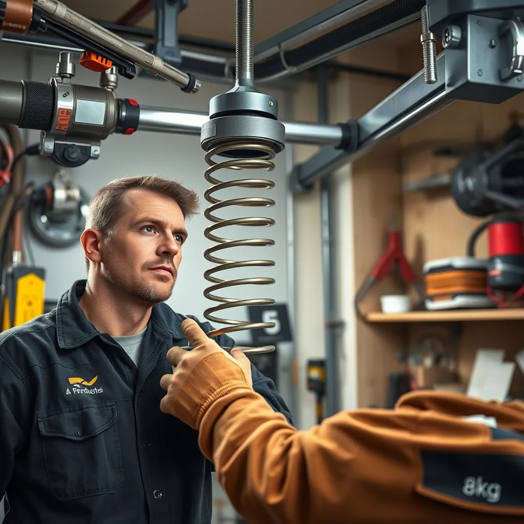An experienced technician repairing a garage door spring inside a workshop. The scene includes various garage door parts, tools, and equipment, with a close-up on the technician's focused expression as they work. The workshop is well-lit and organized.