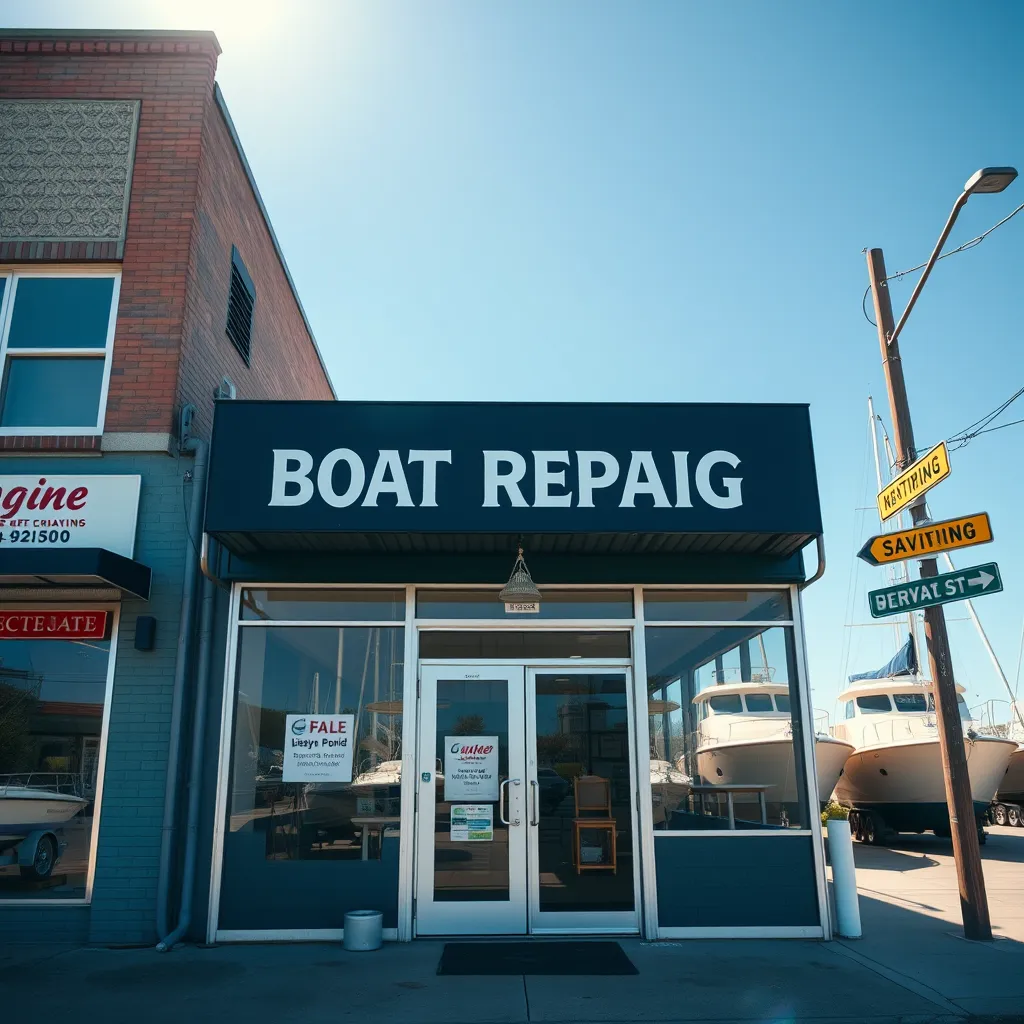 An exterior shot of a well-branded boat repair shop in Chicago with an inviting entrance. The location is sunny with boats in the background, street signage visible, and a clear blue sky to emphasize accessibility.