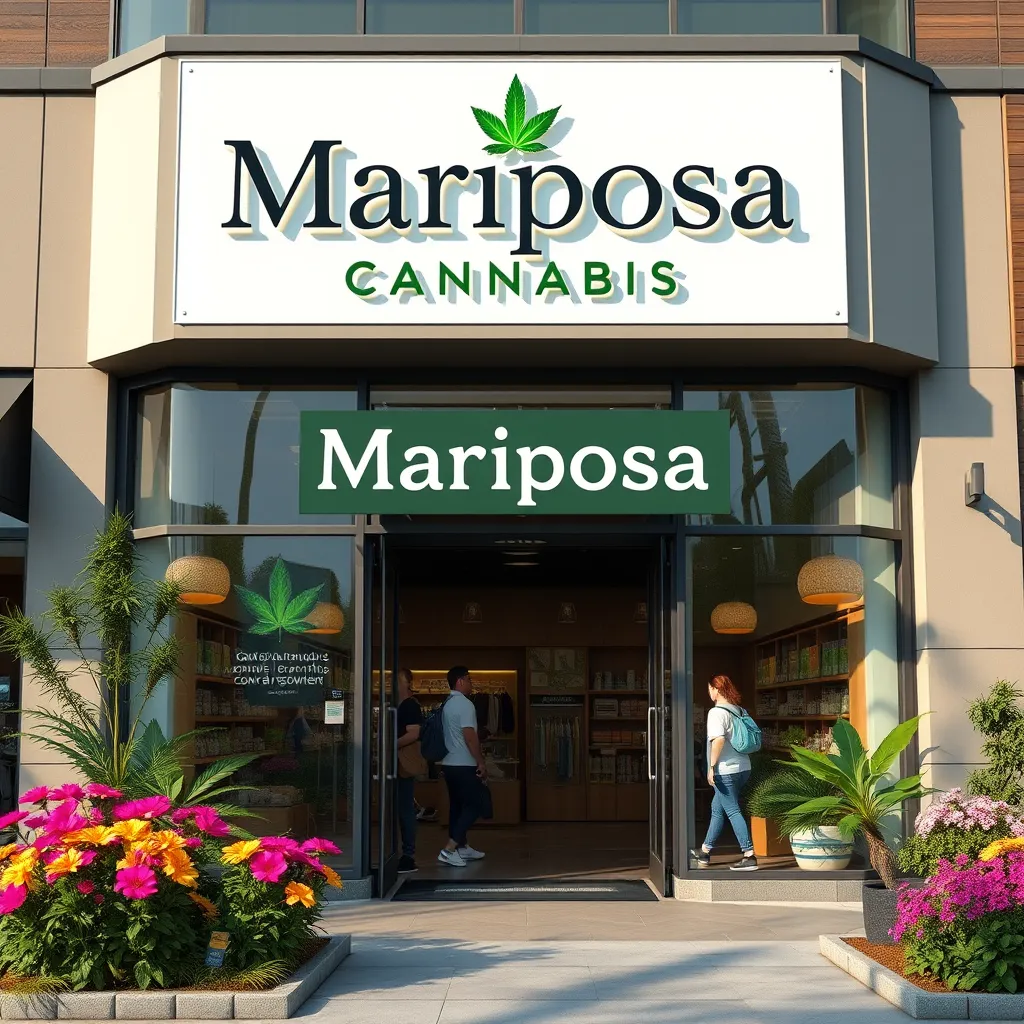 An exterior shot of Mariposa Cannabis store, with a modern, welcoming facade. The location sign is prominent, and shoppers are seen entering, surrounded by greenery and vibrant flowers, reflecting the store's eco-friendly ethos.