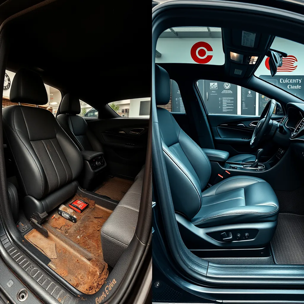 An image of a car interior before and after detailing. The left side shows seats with stains, dirt on the floor, and a cluttered dashboard. The right side displays the same interior immaculately clean, leather seats polished, carpets vacuumed, and a spotless dashboard. The setting is a well-lit, organized detailing workshop with Chicago-themed decor.