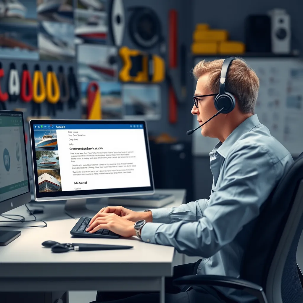 An image of a customer service representative sitting at a desk with a headset on, typing an email response, with a background of boat service images and tools. The screen shows a draft email to info@crestwaveboatservices.com.