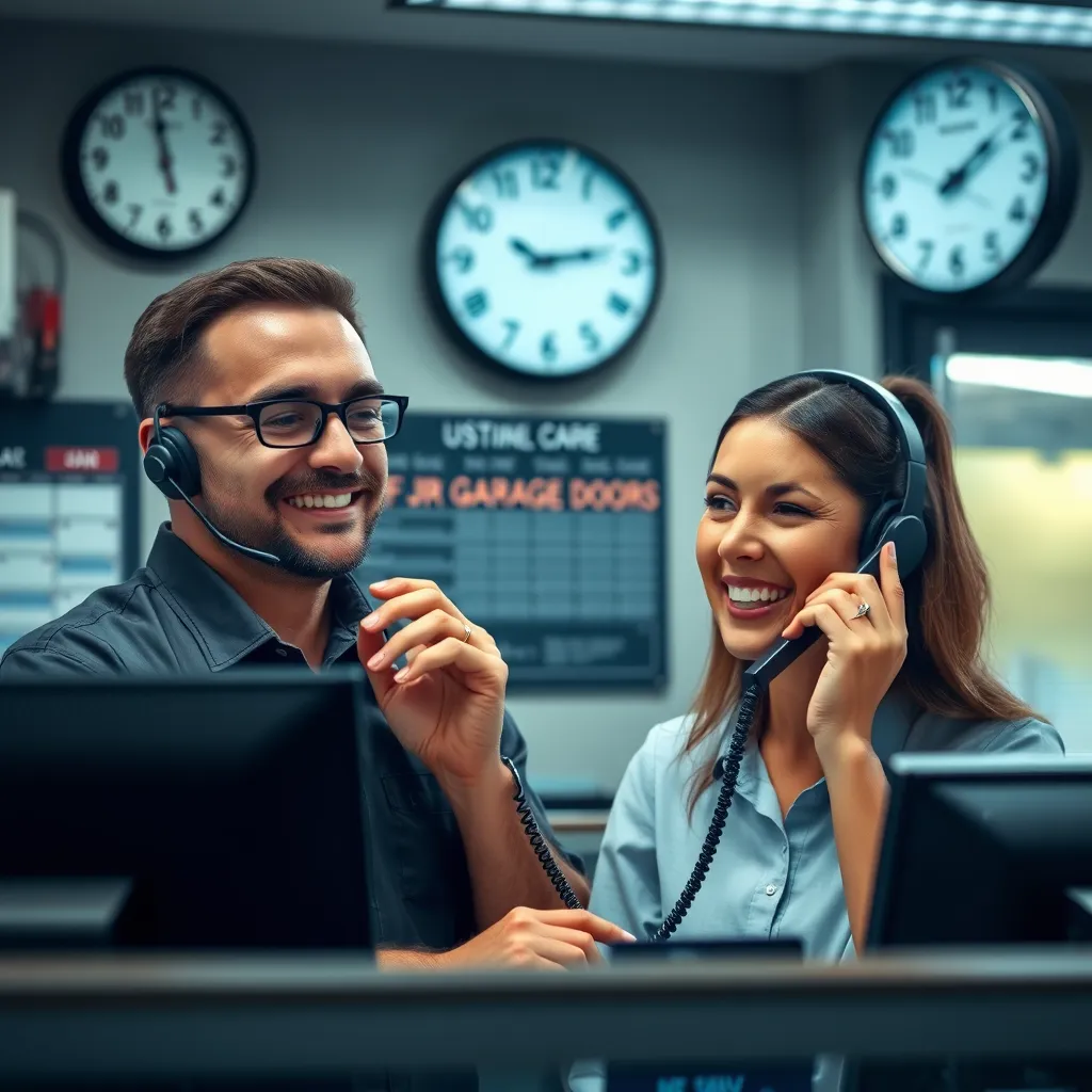 An image of a friendly customer service representative at FJR Garage Doors' office, speaking on the phone with a calendar and clock in the background, indicating flexible scheduling and customer care.
