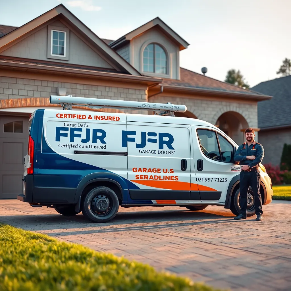 An image showcasing a certified and insured garage door service van parked in front of a well-maintained home. The van displays FJR Garage Doors logos prominently, and a technician in uniform stands next to it, ready to assist.