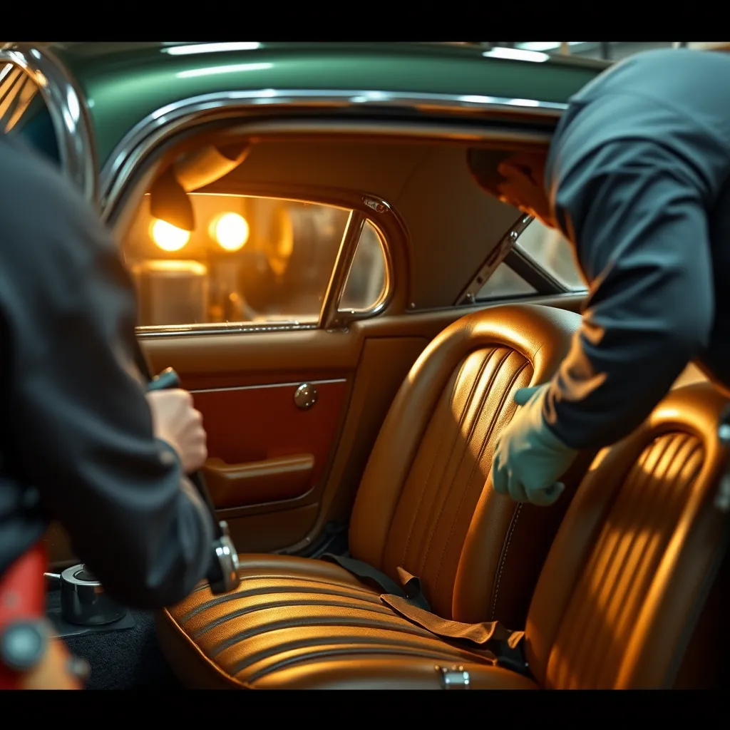 An image showcasing a classic car interior being meticulously detailed by a technician. The scene captures the rich textures of the leather, sparkling chrome accents, and tools being used, with the workshop environment enhancing the professional atmosphere.