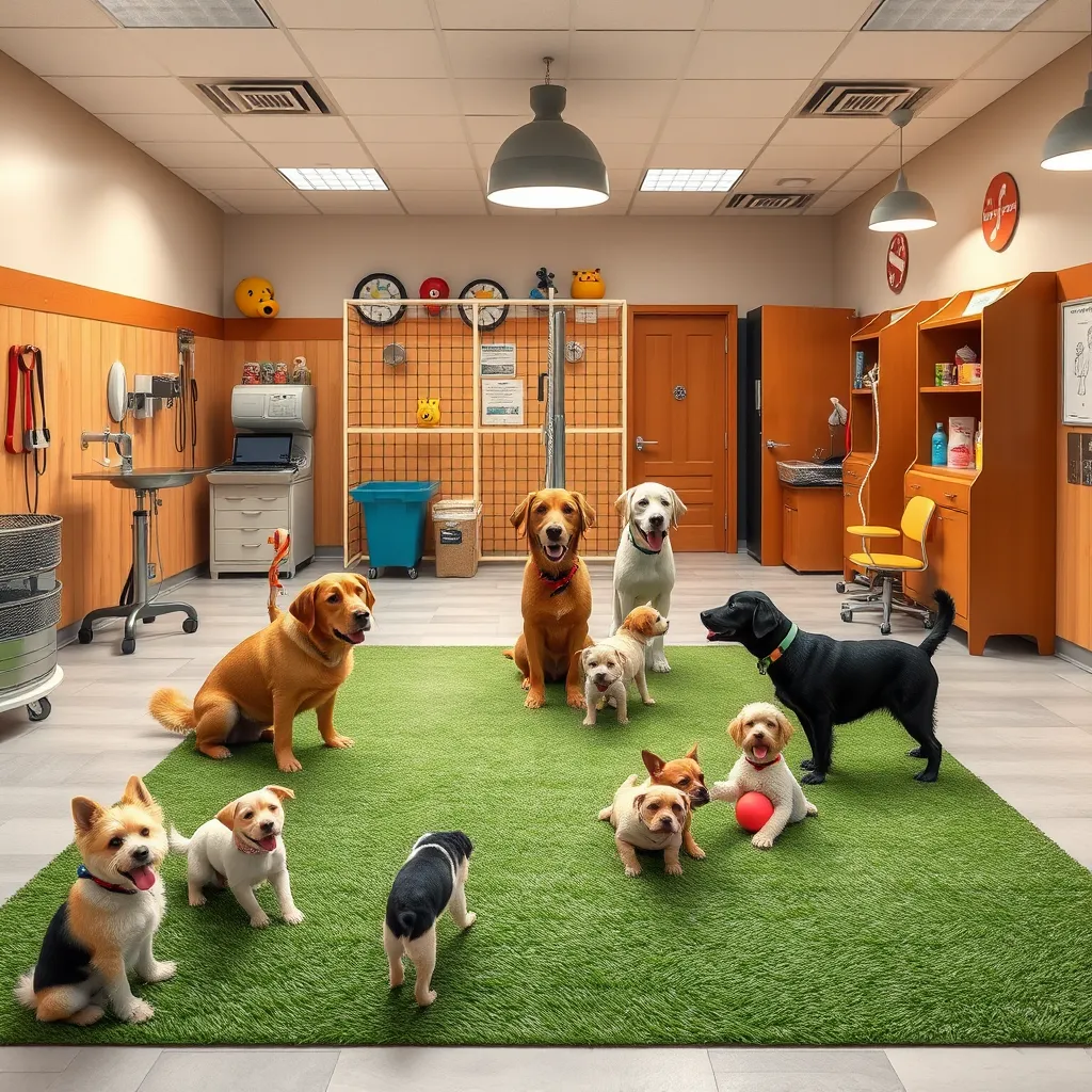 An image showcasing various stations in a dog care facility, including a grooming area, play yard with dogs interacting, and training lessons. Highlight the diversity of services offered for dog wellness and happiness.