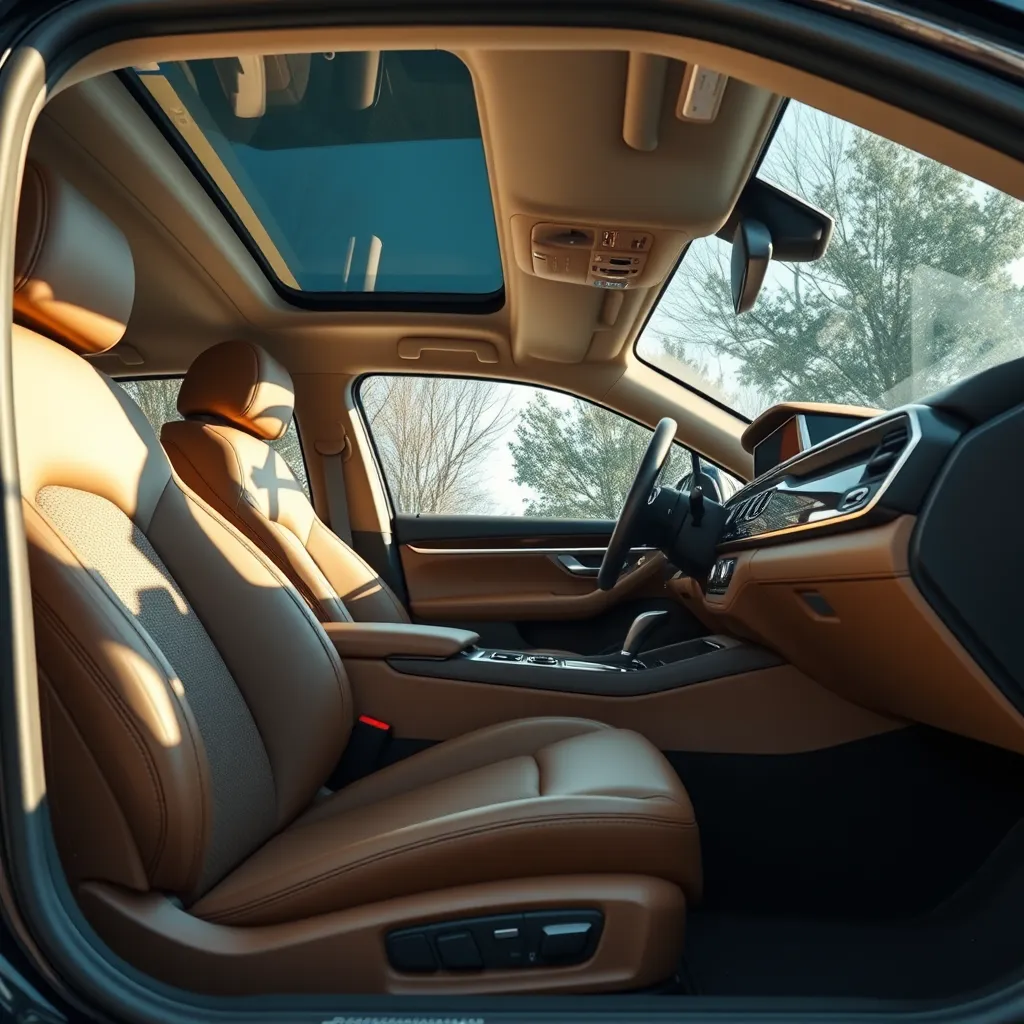 An inside view of a luxury car interior, spotless and immaculate. Seats are leather and perfectly conditioned, with the dashboard, steering wheel, and carpets looking brand new. Natural light filters through, highlighting the attention to every detail.