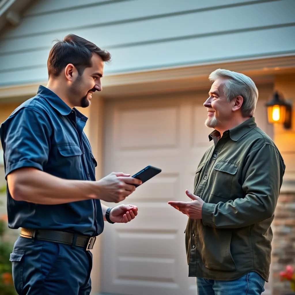 An inviting and friendly scene where a customer is discussing their garage door needs with a technician at their home. The technician is showing a tablet with service options, and the atmosphere is warm and approachable, highlighting customer engagement and support.