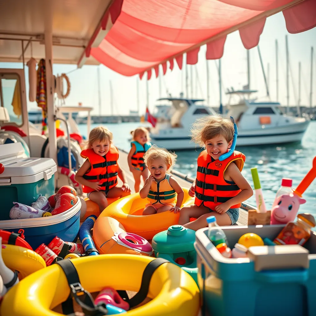 An inviting display of family-friendly items for boating and leisure activities, including colorful life jackets, inflatable toys, and snorkel gear on a sunny marina dock. The atmosphere is lively, filled with vibrant colors that reflect summertime fun. The image is captured from a low-angle perspective, showcasing children playing with inflatable toys by the water's edge. Soft sunlight bathes the scene, creating a cheerful and warm vibe. Additional elements like a cooler filled with refreshments and compact grocery items are subtly integrated into the background. The details in textures like soft fabric of life jackets and glossy plastic of toys invite touch. This scene embodies family enjoyment on the water. Render in hyperrealistic 8K resolution, focusing on the joyful ambiance.