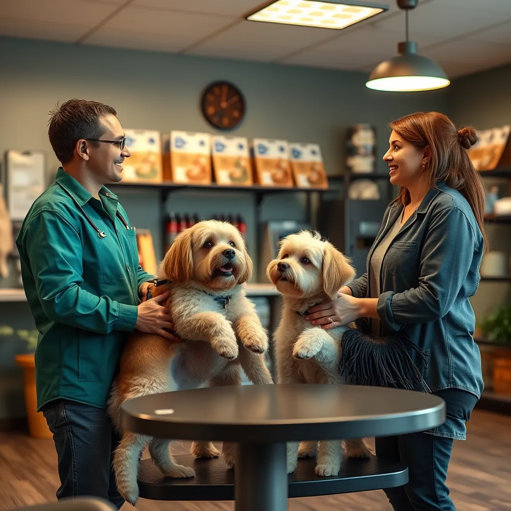 An inviting dog grooming reception area with a friendly staff member engaging with a dog owner who has two dogs. The setting should feature grooming packages on display, a welcoming atmosphere, and a sense of community among pet owners.