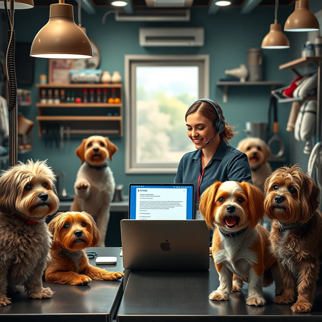 An inviting image of a customer service representative on the phone in a dog grooming salon, with a laptop displaying an email interface, surrounded by well-groomed dogs and grooming tools, conveying a sense of support and professionalism.