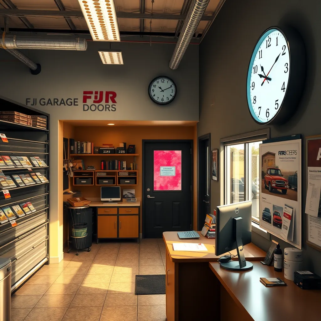 An inviting office space of FJR Garage Doors with a welcoming staff member ready to assist customers. The office is organized and showcases garage door samples. A wall clock shows various times, indicating flexible scheduling options, with a warm and friendly ambiance.