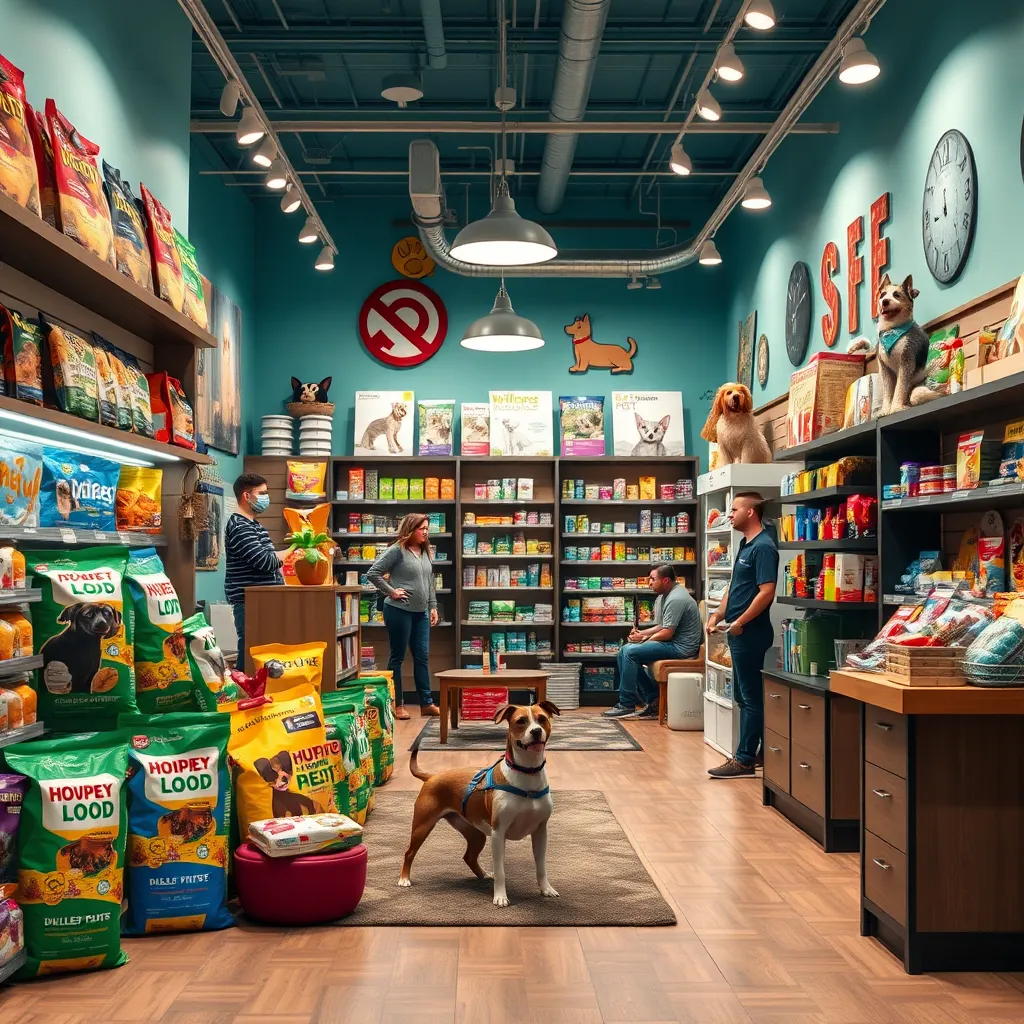 An inviting pet retail store showcasing high-quality dog food, toys, and wellness products. A cozy seating area is in the background, with customers interacting with staff. The store has vibrant displays and a warm atmosphere, radiating care for pets.