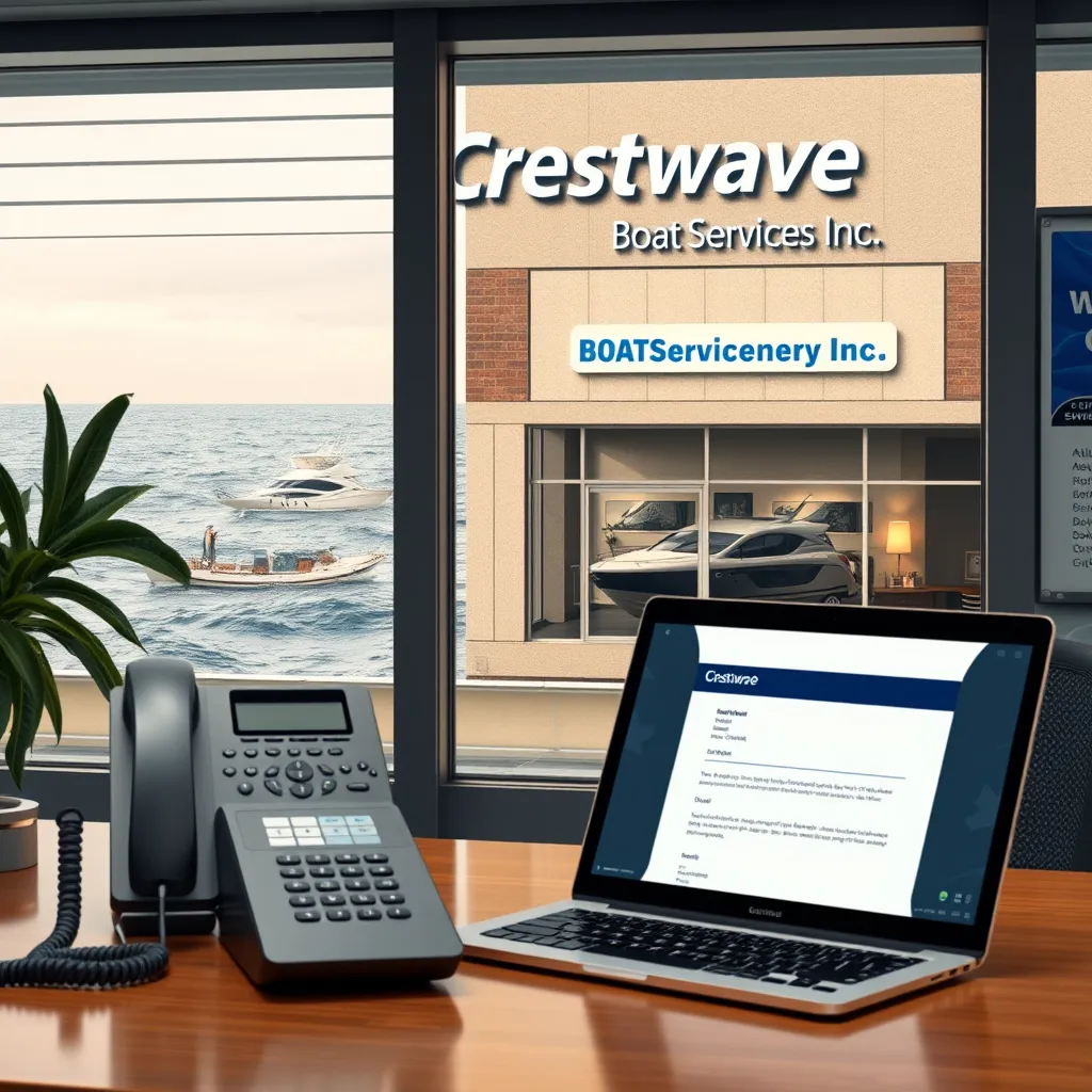 An office environment displaying multiple communication methods: a telephone, a laptop with an email open, and a stylish building facade labeled 'Crestwave Boat Services Inc.' Waves and boats can be seen outside the windows.