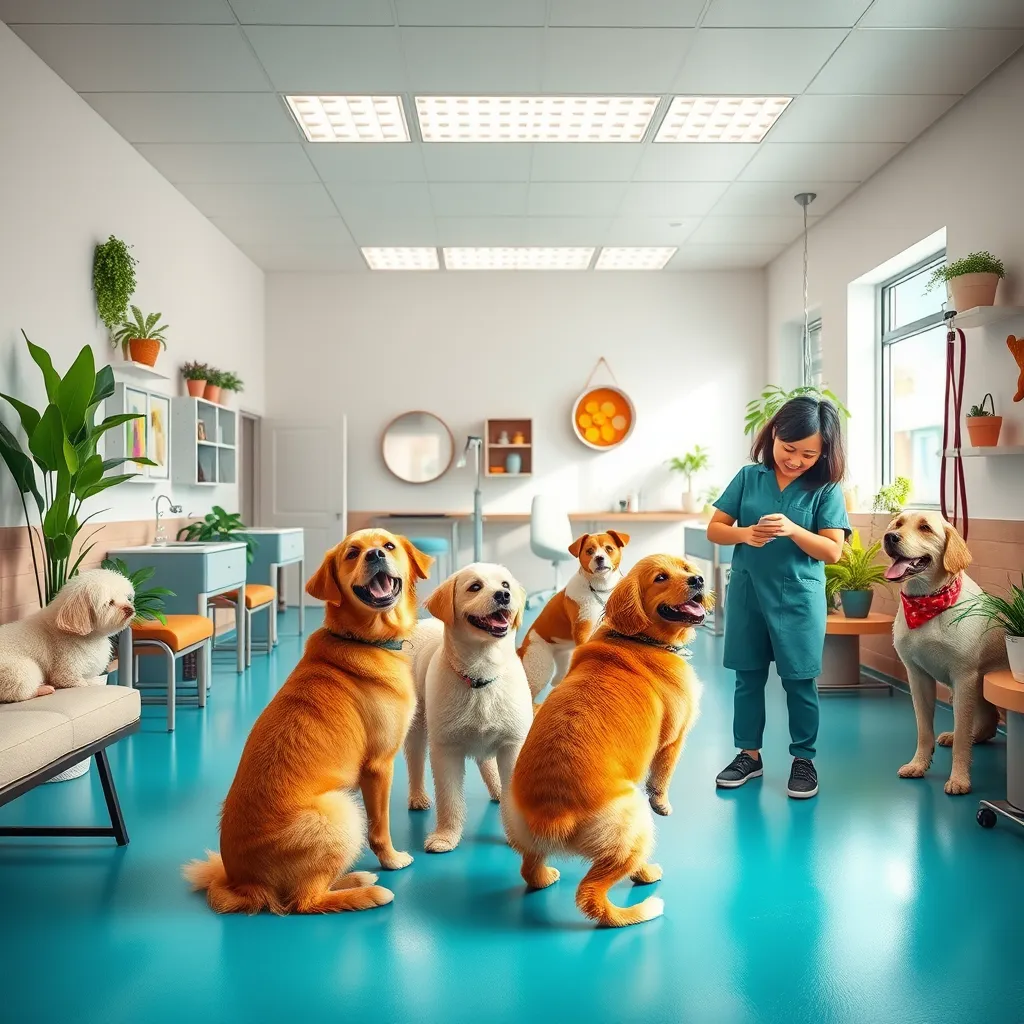 An open, bright grooming space with several dogs happily interacting with each other, while a groomer calmly works on one dog. There should be comfortable seating areas, natural plants, and vibrant colors, showcasing a cheerful and relaxed environment for pets and staff alike.