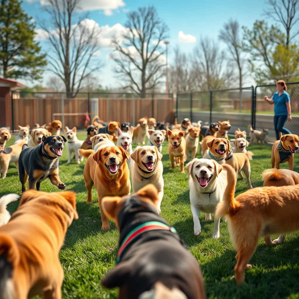 An outdoor dog play yard filled with dogs of various breeds joyfully playing together under the sunshine. Include a scene of a few dogs interacting with each other and a staff member overseeing them, capturing a happy and energetic atmosphere.