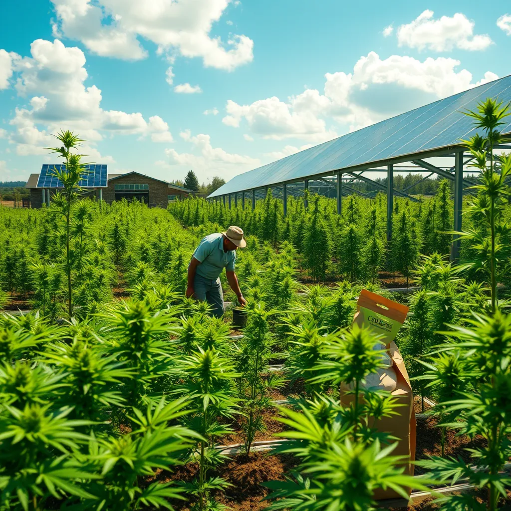 An outdoor scene showcasing a lush cannabis farm with solar panels, organic growing practices, and eco-friendly packaging around. A farmer can be seen tending to plants, symbolizing harmony between cannabis cultivation and environmental stewardship under a sunny sky.