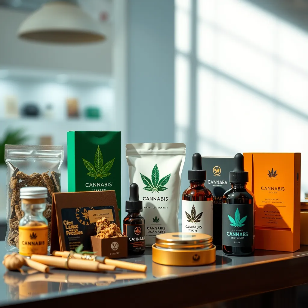 An upscale product display featuring various cannabis products like pre-rolls, edibles, and tinctures, all presented in elegant packaging. The setting is bright and clean, emphasizing the premium nature of the products with a focus on their quality labels and branding.