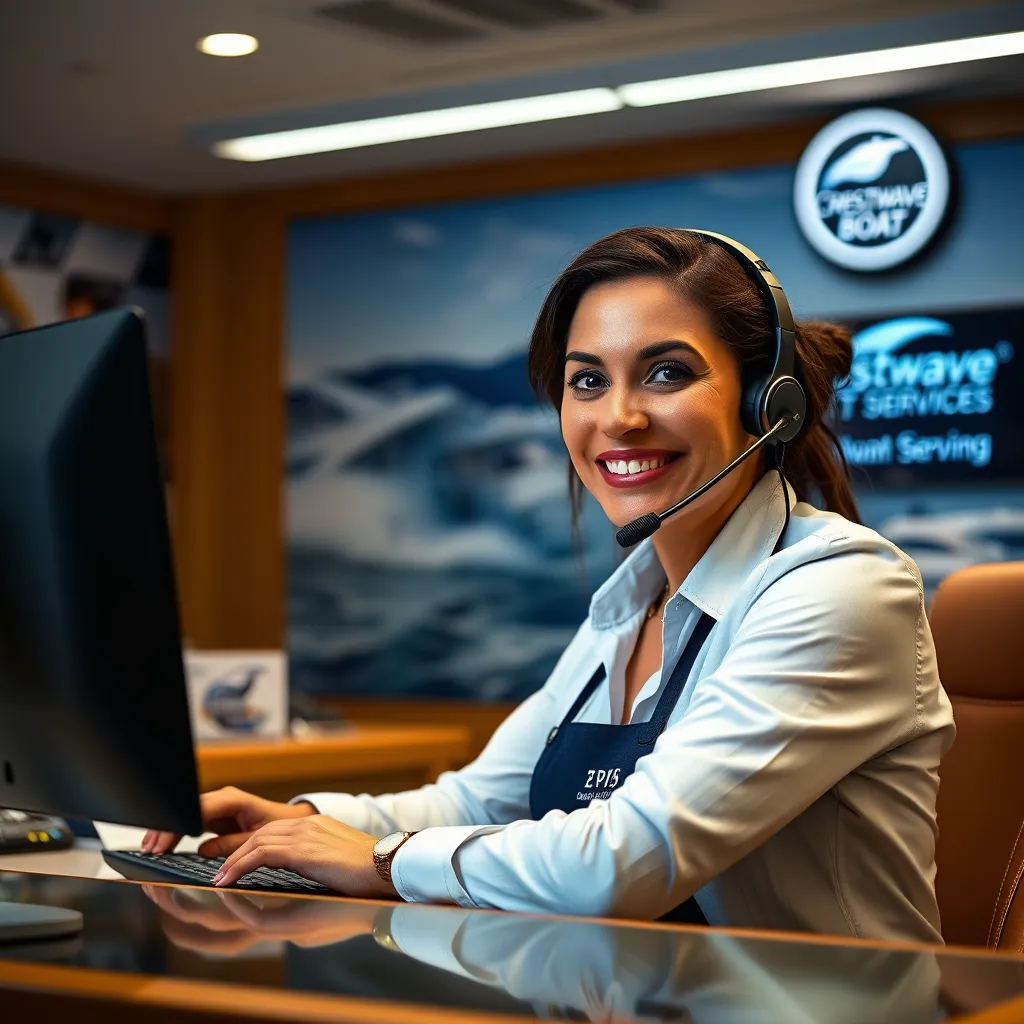 Capture a friendly customer service representative at a desk with a headset, smiling while speaking on the phone. The setting should include boat detailing imagery and a visible logo of Crestwave Boat Services in the background.