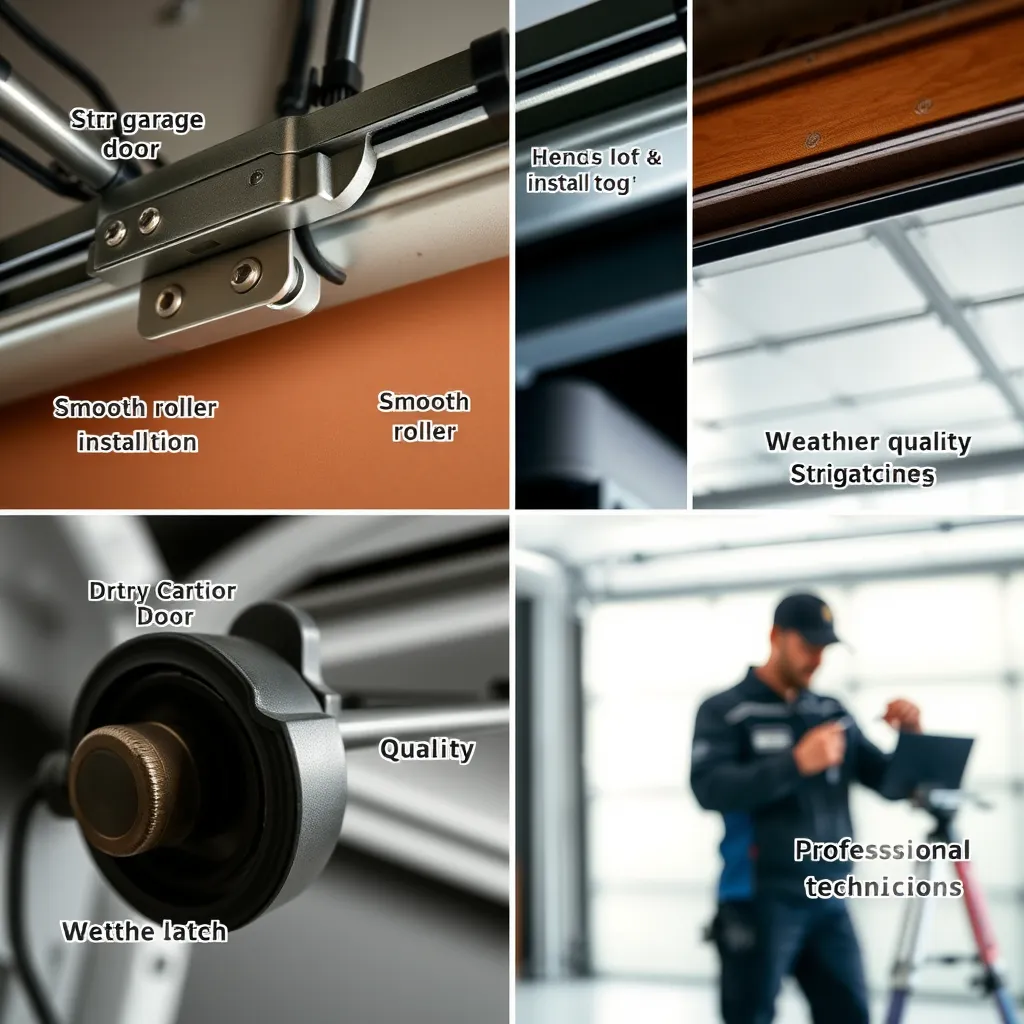 Close-up images of various garage door components, such as sturdy hinges, smooth roller installations, and high-quality weather stripping. The background should focus on the installation process, with our professional technicians in action, demonstrating their expertise in a well-lit garage setting.