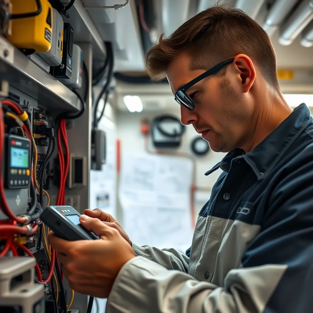 Close-up of a marine technician inspecting the electrical systems of a boat, with diagnostic tools in hand. The setting is a bright, well-equipped marine workshop, surrounded by various electronic components and wiring diagrams.