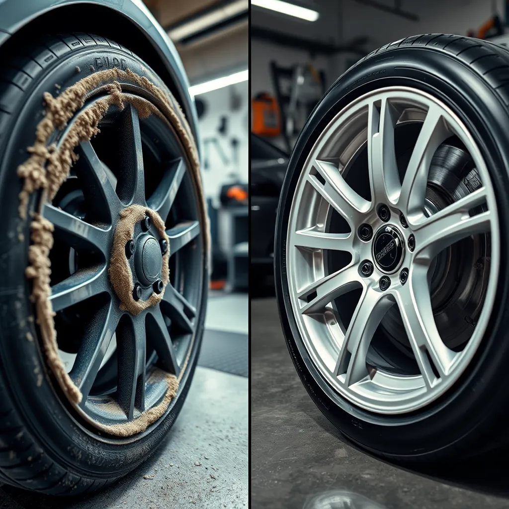 Close-up shot of a car wheel. On the left, the wheel is covered in brake dust and dirt. On the right, the same wheel is clean with a high-gloss finish. The background is a professional auto detailing workshop with various cleaning tools visible.