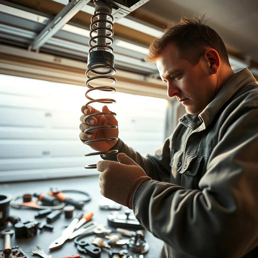 Close-up shot of a technician repairing a garage door spring, with tools and parts scattered around him, highlighting the intricate mechanics involved, against a backdrop of an open garage door.