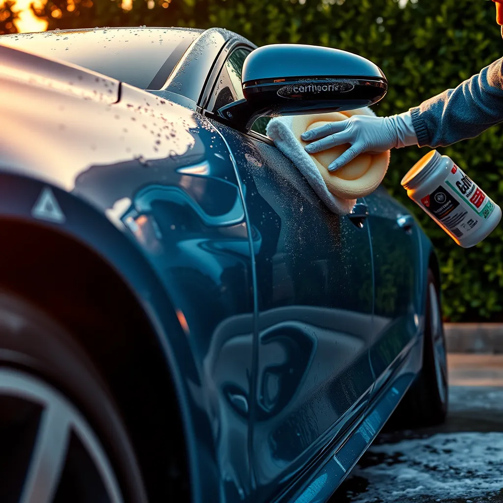 Compose a breathtaking image of a car being deep cleaned and waxed in an outdoor environment at sunset. The warm golden hours’ soft diffused lighting should illuminate the water droplets glistening on the car's surface. The color palette features vibrant blues and silvers, enhancing the car's finish. Capture a low perspective from just above the ground, showcasing the full side profile of a gleaming vehicle with gentle reflections on its surface. Include a technician applying wax with a circular motion, emphasizing the luxurious textures of the waxing material. The background should display lush greenery, creating a contrast with the vehicle. Technical details should ensure the image is hyperrealistic, produced in 8K resolution with an emphasis on intricate details, such as the foam from the cleaning products and glistening finishes of the car.