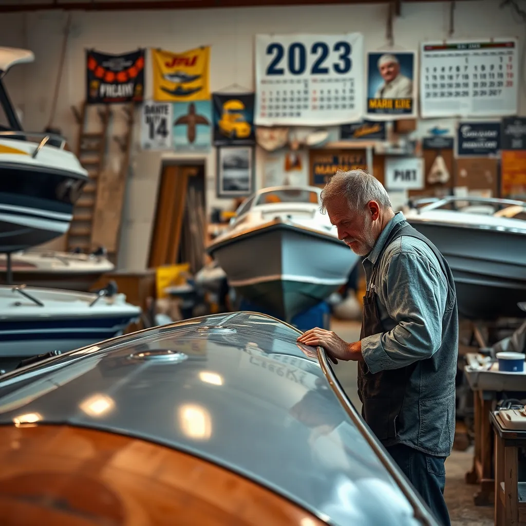 Create a highly detailed, photorealistic image of a skilled technician working on a boat repair in a busy workshop. The composition should feature a variety of boats in different stages of repair, with the focus on a craftsman inspecting a boat hull under soft diffused lighting. Use a warm color palette to convey a welcoming atmosphere. Capture the scene from a slightly elevated angle, showcasing tools and materials scattered about, such as fiberglass, paint, and repair kits. Ensure the texture of the boat surface is prominent, highlighting imperfections that undergo restoration. Include details like a calendar on the wall, showcasing the year 2023, and various posters related to marine maintenance in the background. The final image should be in 8K resolution, hyperrealistic with ultra-detailed textures, inspired by the authenticity of works from renowned marine photographers.