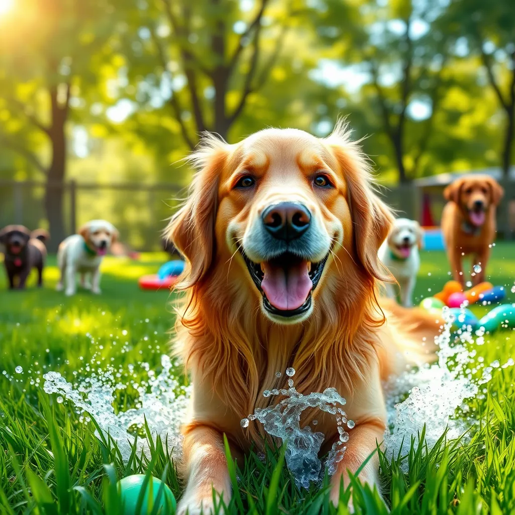 Create a photorealistic, ultra-high quality image for the header of Happy Dog K9 Grooming & Boarding. The scene should depict a happy Golden Retriever with a shiny coat, playfully splashing in a sunny outdoor play yard filled with colorful toys. The composition should showcase lush green grass and gentle sunlight filtering through the trees, creating a warm and inviting atmosphere. Use a vibrant color palette dominated by greens, blues, and yellows to evoke a cheerful mood. The camera angle should be eye-level, allowing viewers to engage with the dog’s joyful expression directly. Textures should be detailed; the dog's fur should appear soft and fluffy, and the grass should look fresh and realistic. Include playful dogs in the background engaging with each other to emphasize the social aspect of the boarding facility. Style references should include high-end pet photography with a focus on warmth and joy. The image should be in 8K resolution, hyperrealistic, conveying both the vibrancy of the dogs and the professionalism of the facility., ultra high resolution, photorealistic, 8K, hyperdetailed, cinematic lighting