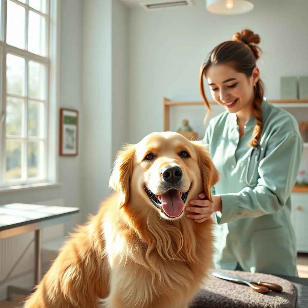 Create a photorealistic, ultra-high quality header image that showcases a happy golden retriever being pampered by a skilled groomer in a serene, spacious grooming area. The setting should be bright and inviting, with natural light streaming in through large windows, illuminating the fur of the dog and creating a warm ambiance. Use a soft color palette of pastel blues and greens to evoke a calming mood. Capture the moment from a slightly elevated angle, focusing on the groomer’s nurturing expression as they gently brush the dog’s fur. Include textured elements such as plush grooming tables and shiny stainless steel grooming tools. In the background, add subtle details like calming artwork on the walls and a shelf with wholesome dog treats. Aim for a hyperrealistic style with 8K resolution to highlight the intricacies of the fur and the serene environment, immersing the viewer in a blissful pet care experience., ultra high resolution, photorealistic, 8K, hyperdetailed, cinematic lighting