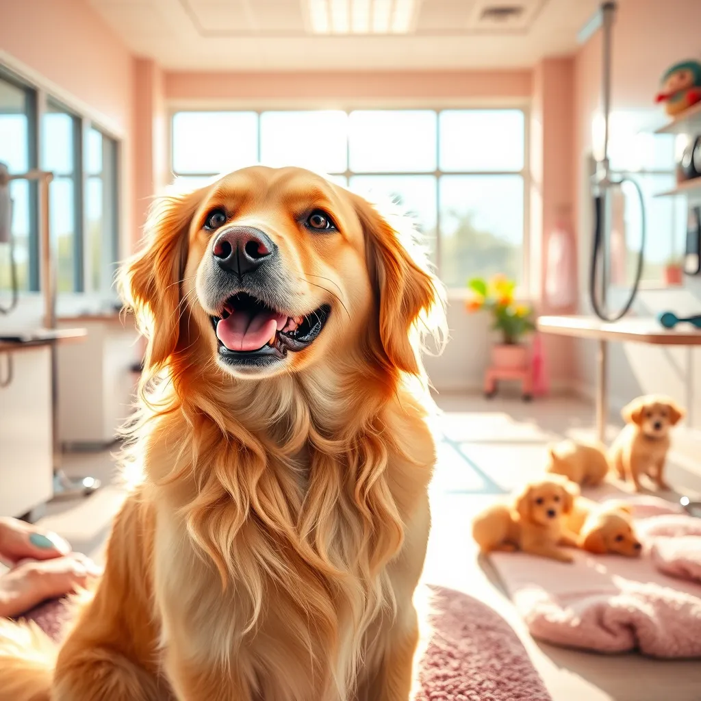 Create a photorealistic, ultra-high-quality header image that captures the joyful experience at Happy Dog K9 Grooming & Boarding. The composition should feature a smiling golden retriever sitting gracefully in a vibrant grooming salon, surrounded by gentle sunlight streaming through large windows. Use a warm color palette with soft pastels to evoke a soothing and welcoming mood. The camera angle should be slightly above eye level, focusing on the dog's expressive face and the groomer's caring touch. Include textures such as the fluffy fur of the dog, the sleek grooming tools, and cozy bedding in the background. Add environmental elements like gleaming grooming stations, colorful toys, and playful pups interacting in a spacious, cage-free area. Use style references from a modern pet care environment with a clean and inviting aesthetic. Ensure the image is in 8K resolution and hyperrealistic, showcasing every detail beautifully., ultra high resolution, photorealistic, 8K, hyperdetailed, cinematic lighting