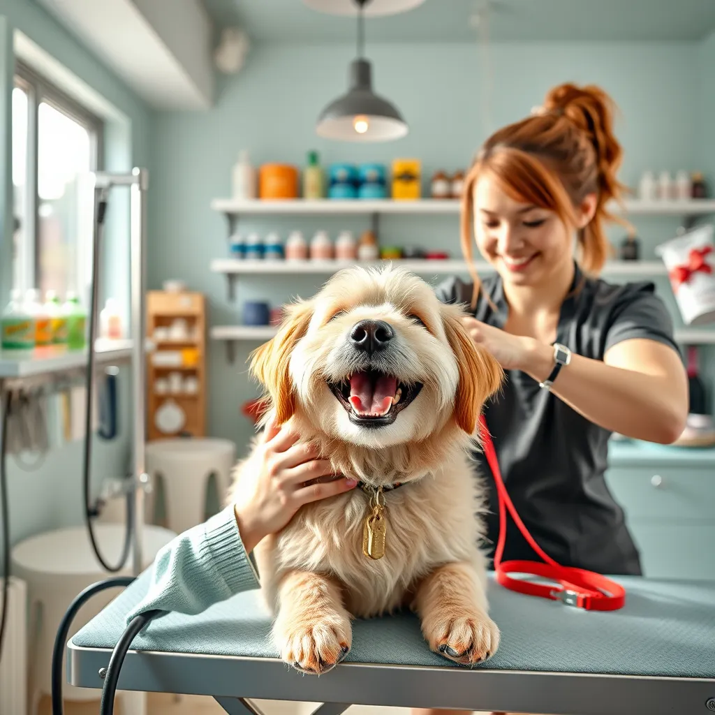 Create a photorealistic, ultra-high quality header image for Happy Dog K9 Grooming & Boarding. The composition should feature a friendly dog getting groomed by a professional groomer in a bright, spacious grooming salon. Use natural lighting to illuminate the scene, highlighting the clean, relaxing atmosphere. The color palette should include soft pastel colors such as light blues and greens, evoking a calm and nurturing mood. Capture the image from a slightly elevated angle to provide a sense of depth, focusing on the groomer’s gentle touch and the dog's joyful expression. Textures of fur, grooming tools, and high-quality shampoos should be clearly visible. Include shelves in the background stocked with stylish dog collars and pet supplies to showcase the retail aspect of the business. Ensure the overall style is hyperrealistic and warm, with a resolution of at least 8K for exquisite detail., ultra high resolution, photorealistic, 8K, hyperdetailed, cinematic lighting