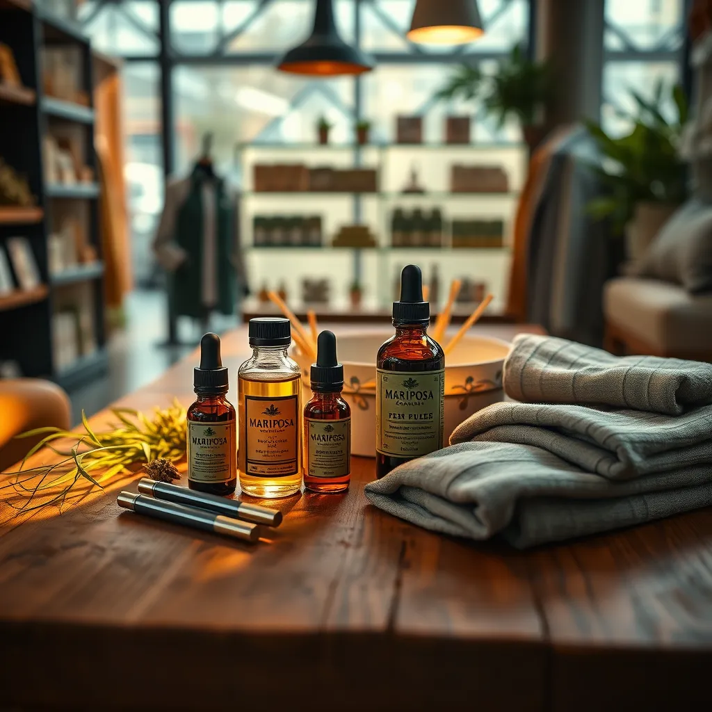 Create a photorealistic, ultra-high-quality header image for Mariposa Cannabis. The composition should feature a beautifully arranged display of cannabis products including pre-rolls, tinctures, and edibles on a rustic wooden table. Soft, warm lighting should illuminate the scene, creating a welcoming and inviting atmosphere. Incorporate a rich color palette with earthy greens, golden yellows, and subtle browns to evoke a sense of natural wellness. The camera angle should be a slightly elevated perspective, focusing on the product details in the foreground while capturing a cozy, sophisticated store environment in the background. Textures should include the smoothness of glass tincture bottles, the crinkle of edibles packaging, and the softness of high-quality apparel folded nearby. Surround the products with subtle decorative elements like small plants and hemp fibers. Style references include modern wellness boutiques with an organic feel. Technical specifications should aim for an '8K resolution' and 'hyperrealistic' rendering., ultra high resolution, photorealistic, 8K, hyperdetailed, cinematic lighting