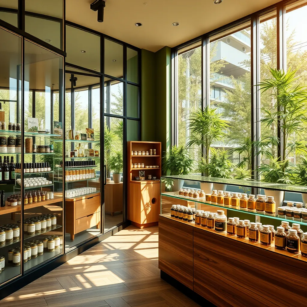 Create a photorealistic, ultra-high quality header image showcasing the inviting storefront of Mariposa Cannabis in Edmonton, Alberta. The composition should feature a beautifully designed modern cannabis dispensary, with large glass windows displaying a variety of cannabis products such as pre-rolls, vapes, and tinctures. Natural sunlight filters in through the windows, creating a warm, welcoming atmosphere. The color palette should be vibrant with greens, golds, and earthy tones, reflecting the organic essence of our products. The camera angle should be slightly elevated, capturing both the storefront and the product displays inside. Texture details should include polished wood for the counters, smooth glass for jars, and organic material for packaging, emphasizing our commitment to environmentally responsible products. Add subtle greenery in the background, like potted cannabis plants, to enhance the ambiance. Style references include modern minimalism and eco-friendliness, highlighting the high-quality, premium feel of our brand. Technical specifications: 8K resolution, hyperrealistic quality., ultra high resolution, photorealistic, 8K, hyperdetailed, cinematic lighting