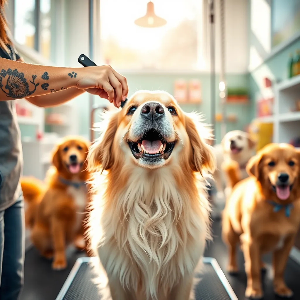 Create a photorealistic, ultra-high quality header image that encapsulates the essence of Happy Dog K9 Grooming & Boarding. The focal point should be a joyful, fluffy Golden Retriever in a tranquil grooming salon, radiating happiness as it is being brushed by a skilled groomer. Soft natural sunlight streams in through large windows, creating a warm and inviting atmosphere. The color palette should feature vibrant yet soothing colors like soft blues, greens, and warm whites, evoking a sense of calm and cleanliness. The camera angle should be slightly elevated, capturing both the dog and the groomer in action, with a shallow depth of field that softly blurs the background where other happy dogs playfully socialize. Include textures that showcase the softness of the dog's fur and the sleek, shiny grooming tools. In the background, hints of colorful pet retail products can be seen on shelves, adding an element of playfulness. The style should be hyperrealistic, with an emphasis on capturing the joyful spirit of the dogs. Technical specifications should be set to '8K resolution' to ensure stunning detail and clarity., ultra high resolution, photorealistic, 8K, hyperdetailed, cinematic lighting
