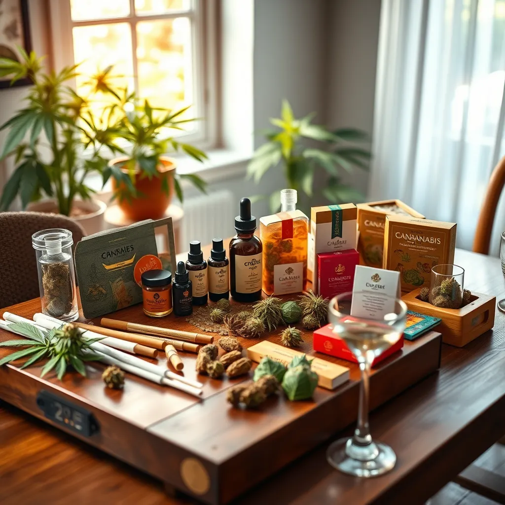 Create a photorealistic header image showcasing a beautifully arranged display of various cannabis products on a polished wooden table. Include pre-rolls, tinctures, edibles in elegant packaging, and vibrant flower buds. The lighting should be soft and warm, highlighting the rich colors and textures of the products while creating a welcoming atmosphere. Use a color palette that combines earthy greens and browns with bright pops of color from the edibles and packaging to evoke a sense of nature and vitality. The camera angle should be slightly tilted downwards from above, providing a clear view of the entire display while capturing intricate details. Incorporate environmental elements like a potted cannabis plant in the background and natural light streaming in through a nearby window to enhance the organic feel. Include stylish yet subtle props, such as a vaporizer and a couple of elegant glasses, suggesting a lifestyle experience. Style references include naturalistic photography with a focus on detail, depth of field, and vibrant color grading. Technical specifications: 8K resolution, hyperrealistic, and high dynamic range., ultra high resolution, photorealistic, 8K, hyperdetailed, cinematic lighting
