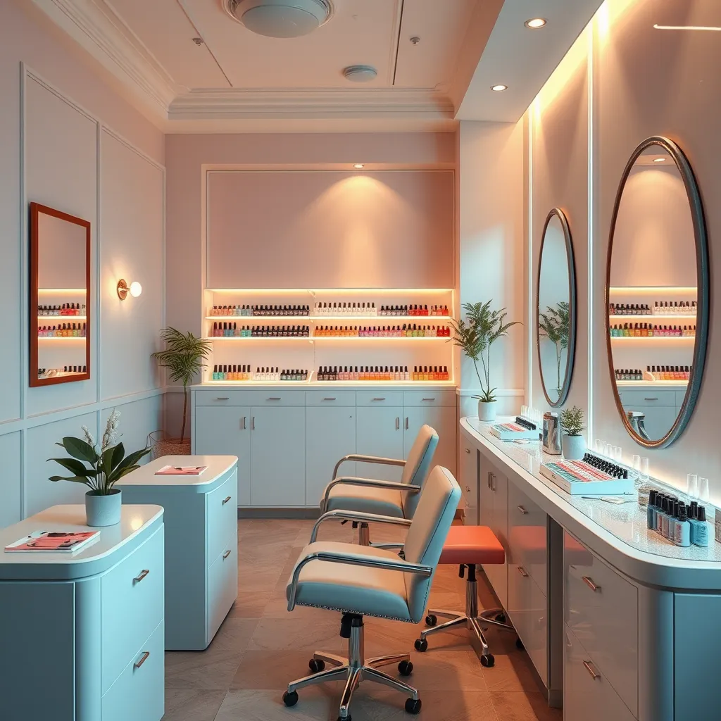 Create a photorealistic header image showcasing a luxurious nail salon interior. Focus on an elegantly designed nail station with a plush chair, polished nail tools, and a vibrant array of nail polish colors on display. The lighting should be soft and inviting, with warm tones illuminating the space, casting gentle shadows that enhance the textures of the materials. Use a color palette of pastel blues, pinks, and whites to evoke a fresh, modern atmosphere. The camera angle should be slightly elevated, looking down on the nail station to capture the ambiance and intricacies of the setup. Incorporate elements like a small potted plant for a touch of nature and a chic mirror reflecting the salon's stylish décor. Style references include contemporary minimalist design with a cozy feel. Ensure the image is 8K resolution, hyperrealistic, capturing every detail from the sheen of the nail polish to the softness of the chair upholstery., ultra high resolution, photorealistic, 8K, hyperdetailed, cinematic lighting