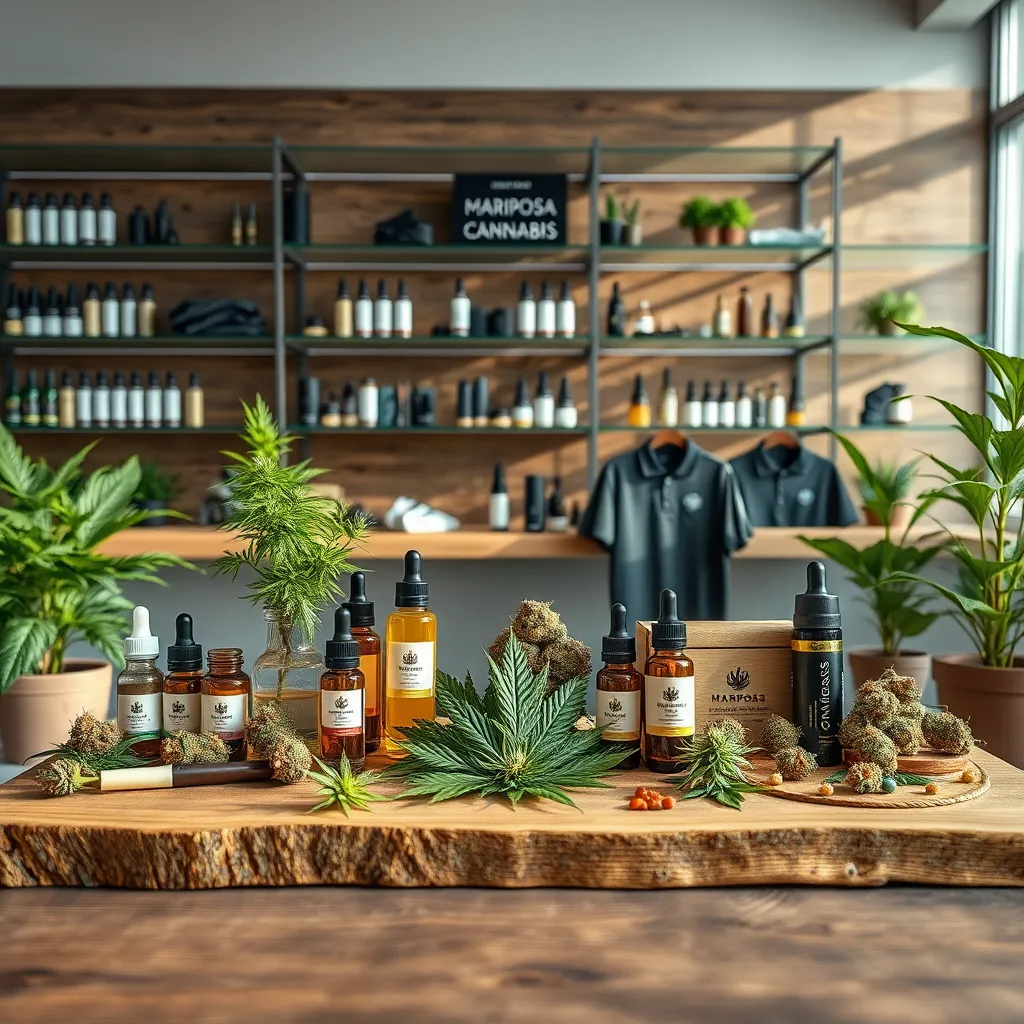 Create a photorealistic header image showcasing a beautifully arranged display of cannabis products at Mariposa Cannabis. The focal point should be a vibrant selection of pre-rolls, tinctures, and edibles artfully arranged on a rustic wooden table. The background features sleek glass shelves filled with vapes, cartridges, and topicals, bathed in soft, natural lighting. The color palette should emphasize earthy greens and warm wood tones, evoking a calm and inviting atmosphere. Use a slightly elevated angle to capture the depth of the product display, with a focus on texture, highlighting the crystal-like trichomes on the flower, the glossy finish of the vapes, and the matte quality of the apparel on display. Include environmental elements like potted cannabis plants or lush ferns to enhance the ambiance. Style the image with a modern, minimalist approach reminiscent of high-end lifestyle brands. The image should be in 8K resolution with hyperrealistic detail to draw viewers in., ultra high resolution, photorealistic, 8K, hyperdetailed, cinematic lighting