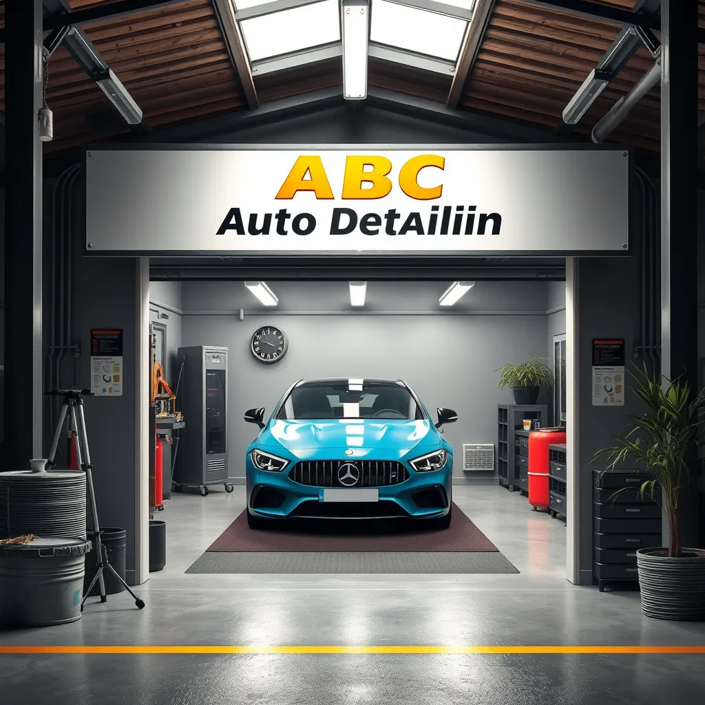 A photorealistic image of a car being driven into a modern, well-maintained car detailing shop. The image should convey the idea of a convenient and accessible location for customers. The shop should be clean and inviting, with a welcoming atmosphere.  The image should include a sign with the CS Car Detailing logo and business hours.