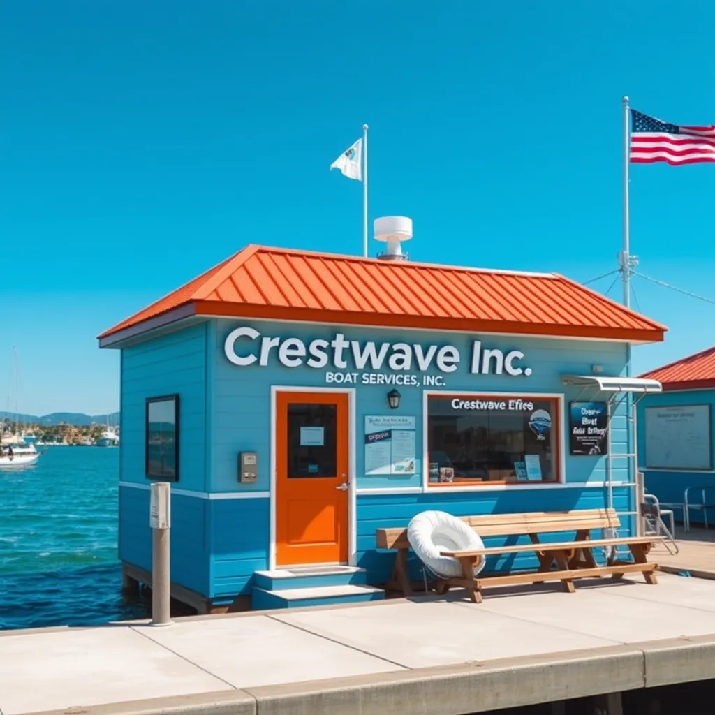 An inviting exterior view of a boat repair shop named 'Crestwave Boat Services Inc.' located in a bustling urban area of Chicago, with customers entering the shop, and a sign that showcases services such as upholstery and detailing.