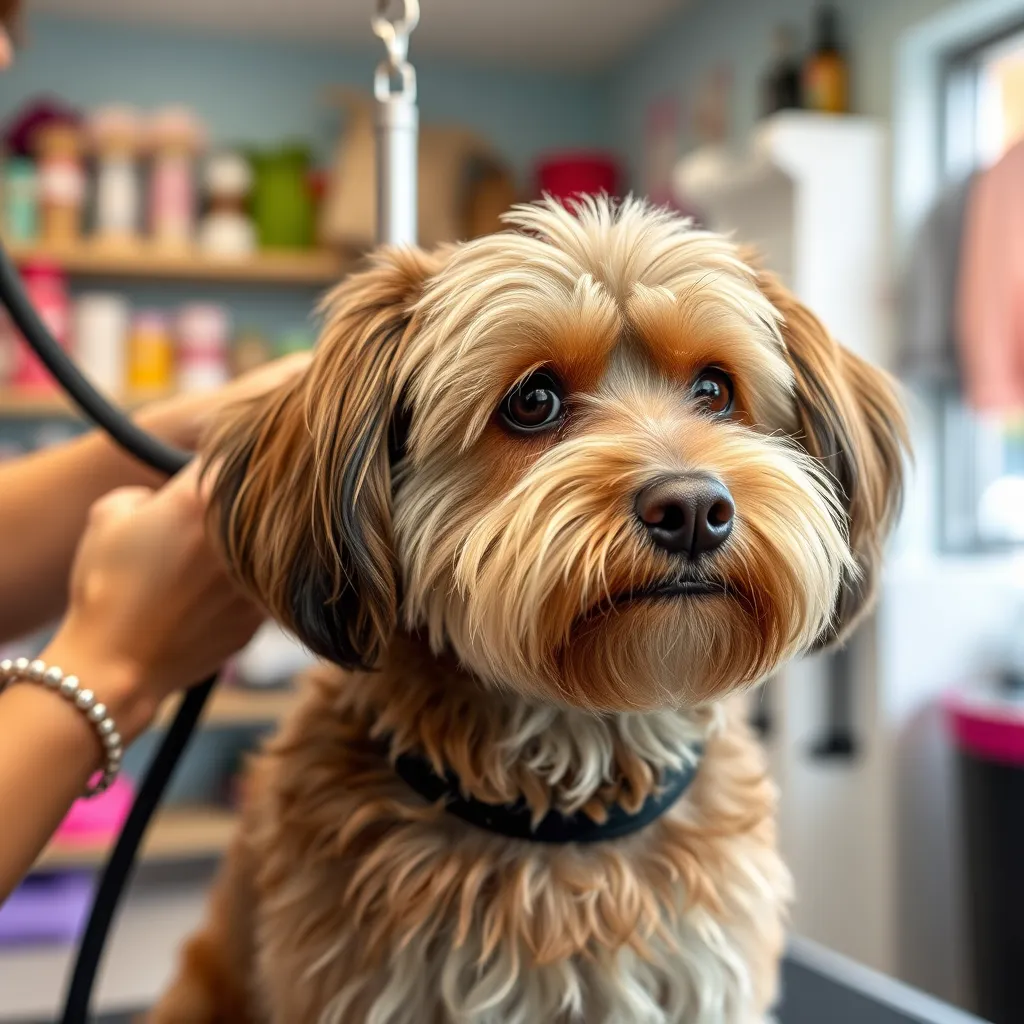 A warm, inviting dog grooming salon filled with natural light pouring through large windows. The spacious interior features a modern grooming table where a friendly groomer meticulously brushes a fluffy golden retriever. The decor includes soothing pastel colors, plants, and vibrant dog-themed artwork on the walls. The golden retriever’s fur appears shiny and well-groomed, with dog grooming tools neatly organized nearby. The lighting is soft and diffused, creating a calming atmosphere. The scene conveys a sense of care and pampering, ensuring the dog feels relaxed. Shot from a slightly elevated angle, showcasing the harmonious blend of the warm environment and the joyful interaction between the groomer and the dog. Ideal for an advertising campaign, this image should be captured in 8K resolution, achieving a hyperrealistic, ultra-detailed finish.