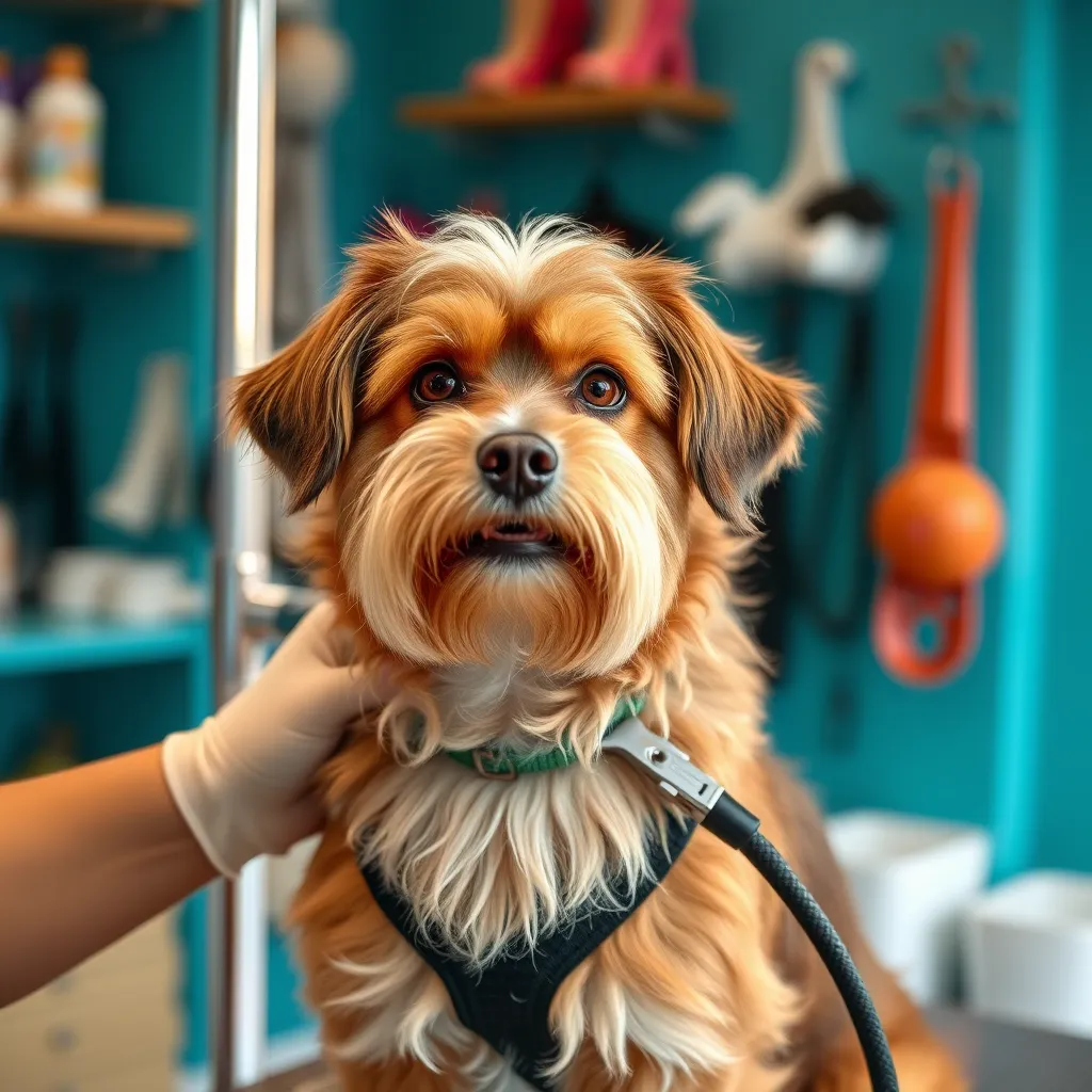 A serene, clean grooming salon with a skilled groomer gently washing a golden retriever. Soft natural light filters in from a window, showcasing bright colors and well-organized grooming tools. The dog appears relaxed and pampered with a smile.