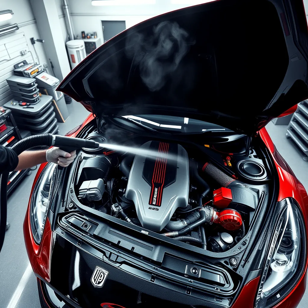 Create an ultra-detailed, photorealistic image of an engine bay cleaning service in the style of technical automotive illustrations. The scene shows a high-performance sports car with its hood open in a modern, well-lit detailing workshop located in Chicago. The lighting is bright and crisp, illuminating every intricate part of the engine bay. A professional detailer wearing protective gloves is meticulously cleaning the engine components with a steam cleaner, emitting a fine mist. The camera perspective is an overhead angled shot, capturing the entire engine bay and the detailer's actions in one frame. The metallic surfaces of the engine parts gleam under the light, with textures ranging from smooth aluminum to rugged hose materials clearly visible. Background elements include neatly arranged cleaning supplies and a pristine workshop environment. The color palette consists of metallic grays, blacks, and occasional red accents from the car’s performance parts, conveying a mood of precision and efficiency. The image should be rendered in 8K resolution, focusing on hyper-realistic textures and intricate detailing for a lifelike representation.