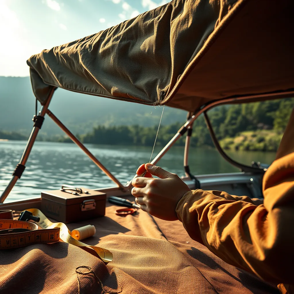 Generate a highly detailed and realistic image of a boat canopy being repaired by a technician using heavy-duty materials. The scene should feature the technician in action, with a close-up on the hands skillfully stitching using GORE-TEX thread under dramatic side lighting that highlights the rich textures of the fabric. The color palette should blend earthy tones, emphasizing the marine environment, with a backdrop of a calm lake and lush greenery. Capture the perspective from a low angle, allowing the viewer to see the detailed stitching process and the fabric's weave. Add elements like a toolbox, measuring tape, and spools of thread beside the technician to enhance the scene. Ensure the final image is hyperrealistic, 8K resolution, providing an authentic representation of marine repair work and inspired by candid snapshots of everyday artisans at work.