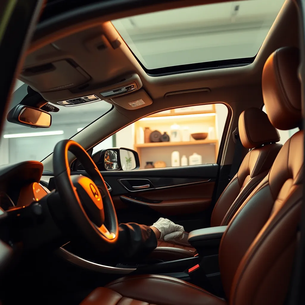 Generate a striking image of a professional applying an interior protection treatment inside a modern SUV. Utilize dramatic side lighting to highlight the glossy finish of the protected surfaces, including leather seats and dashboard. A complementary color palette of earthy tones and blacks should convey luxury. Position the camera at a low angle, capturing the technician's focused expression, while revealing the vibrant textures of the upholstery and intricate dashboard details. Environmentally, the SUV is parked in a clean and modern detailing studio, with products artfully arranged on a shelf in the background. The image should have an ultra-detailed look in 8K resolution, emphasizing reflections and the smooth texture of the treated surfaces.