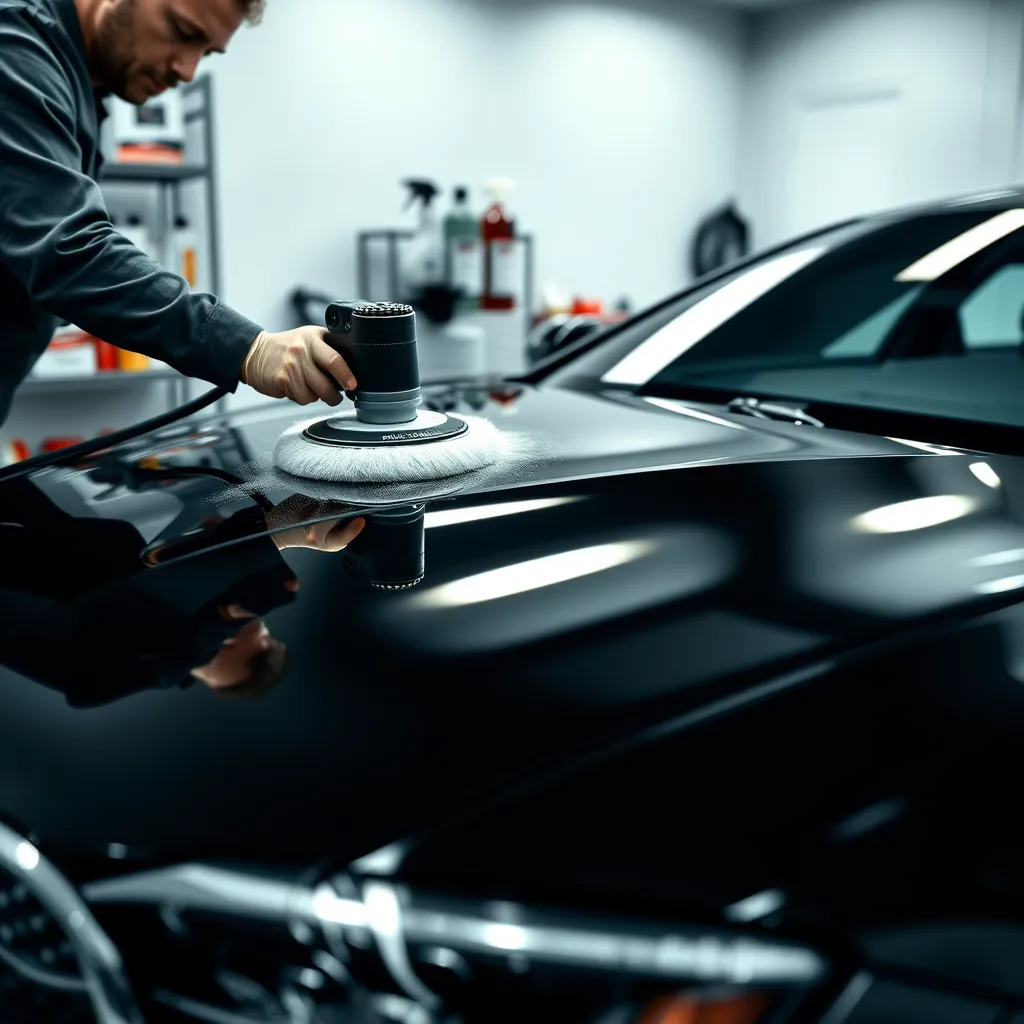 Generate an ultra-detailed, photorealistic image of a luxury car undergoing exterior detailing in the style of high-end automotive photography. The car, a sleek black sedan, is parked in a professional detailing bay in Chicago. The lighting is bright and diffused, casting even illumination across the scene. The car's paint reflects the light perfectly, showcasing a freshly polished, mirror-like surface with no imperfections. A technician is carefully polishing the hood with a rotary buffer, the tool emitting a slight glow. The camera angle is a close-up shot from the side, focusing on the front half of the car, ensuring the technician and polishing details are crisp. The environment is clean and modern, with well-organized shelves featuring various car care products in the background. The color palette includes metallic blacks, reds, and whites, exuding a professional and pristine mood. The texture of the car’s paint and the polished metal surfaces are captured in ultra-high definition. The image should be created in 8K resolution, highly realistic, with hyper-detailed textures and reflections.