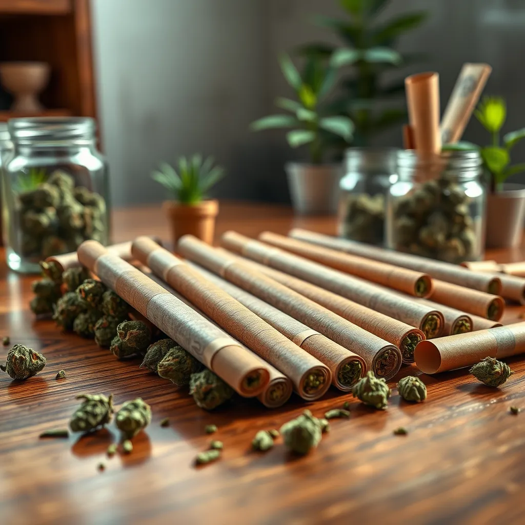 Imagine a photorealistic close-up of a beautifully arranged selection of pre-rolls displayed on a polished wooden table. The pre-rolls are made of a variety of cannabis strains, showcasing vibrant green foliage and rich, resinous tips. Soft diffused lighting enhances the natural colors, creating a warm, inviting atmosphere. A few stylish glass jars filled with loose cannabis buds can be seen in the background, along with artisanal rolling papers scattered artistically around the table. The camera is positioned at a 45-degree angle to capture depth, focusing sharply on the pre-rolls, showcasing their fine details and textures. The setting features subtle elements of nature, like a few small potted plants, enhancing the organic feel. The color palette includes earthy greens and browns, evoking a sense of natural quality. This scene radiates a cozy, relaxed mood, rendered in hyperrealistic detail, aiming for an 8K resolution with ultra-detailed textures.