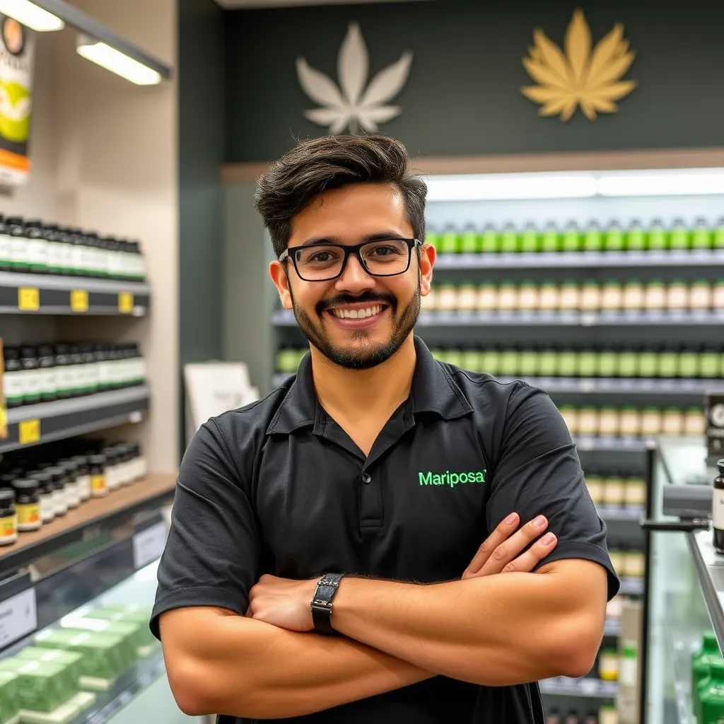 A friendly cannabis store employee assisting a customer at the counter. The store has shelves filled with cannabis products in the background, and a warm, welcoming atmosphere, showcasing friendly interactions and excellent customer service.