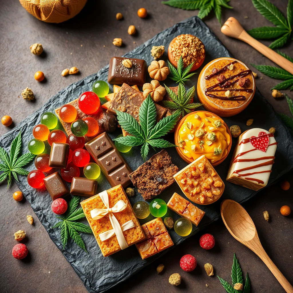 Picture a stunningly arranged assortment of cannabis-infused edibles artistically displayed on a textured slate board. The scene features a variety of colorful gummy candies, decadent chocolate bars, and vibrant baked goods, all beautifully presented and inviting. Soft, warm lighting sets a cozy and euphoria-inducing mood, highlighting the delectable textures of each edible. The camera is positioned at a slight overhead angle, allowing for a full view of the assortment while focusing on the intricate details like the shine of the chocolates and the glistening sugar on the gummies. The setting includes scattered pops of cannabis leaves and natural elements like wooden utensils, enhancing the artisanal and organic feel of the products. The color palette is rich with hues of green, gold, and vibrant candy colors mixing harmoniously. Styled in a hyperrealistic manner with an emphasis on detail, the image promises an ultra-detailed look in 8K resolution.